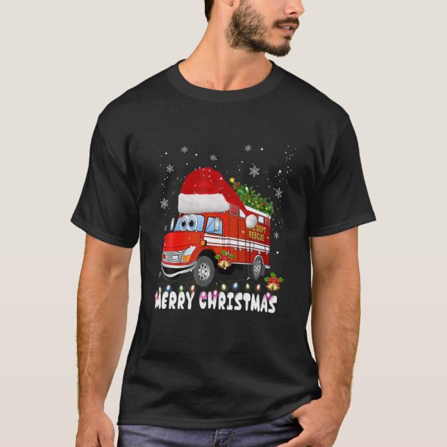 Fire Truck Xmas Tree Funny Firefighter Gift Merry T-Shirt (Front)