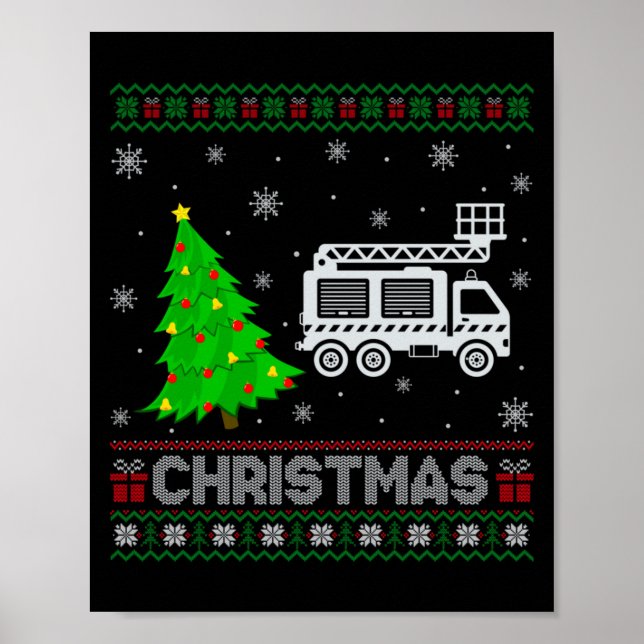 Fire Truck Xmas Tree Lighting Ugly Christmas Sweat Poster (Front)