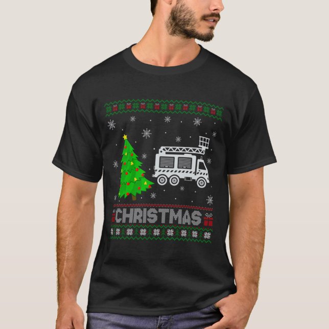 Fire Truck Xmas Tree Lighting Ugly Christmas Sweat T-Shirt (Front)