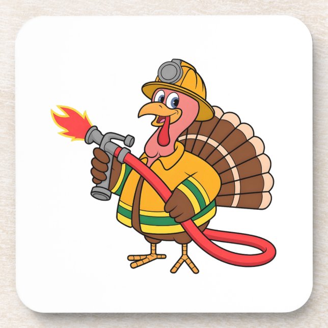 Fire trucks Firefighter Thanksgiving Turkey   Beverage Coaster (Front)