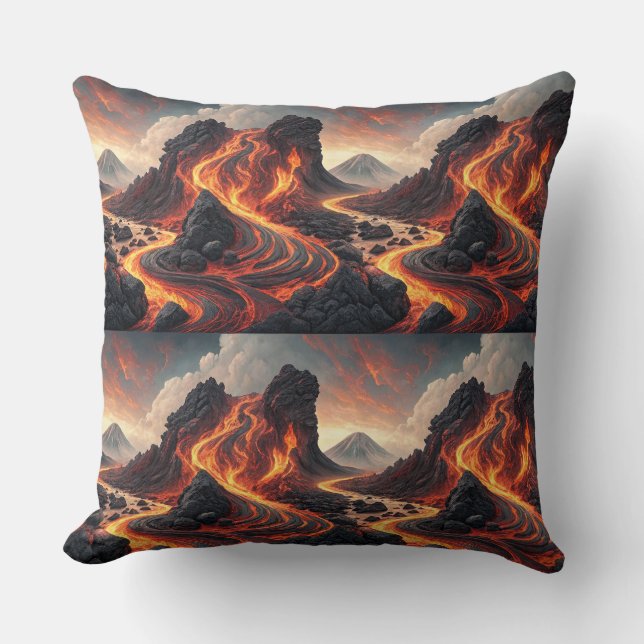 Fire Volcano Flowing Lava Landscape Pattern Art Throw Pillow (Front)