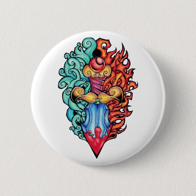 Fire & Water Dagger Tattoo Pinback Button (Front)