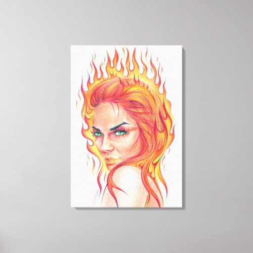 Fire Woman Surreal fantasy Portrait drawing art Canvas Print