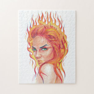 Fire Woman Surreal fantasy Portrait drawing art Jigsaw Puzzle