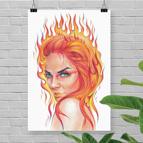 Fire Woman Surreal fantasy Portrait drawing art Poster