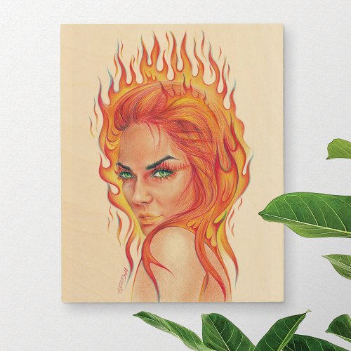 Fire Woman Surreal fantasy Portrait drawing Wood Wall Decor