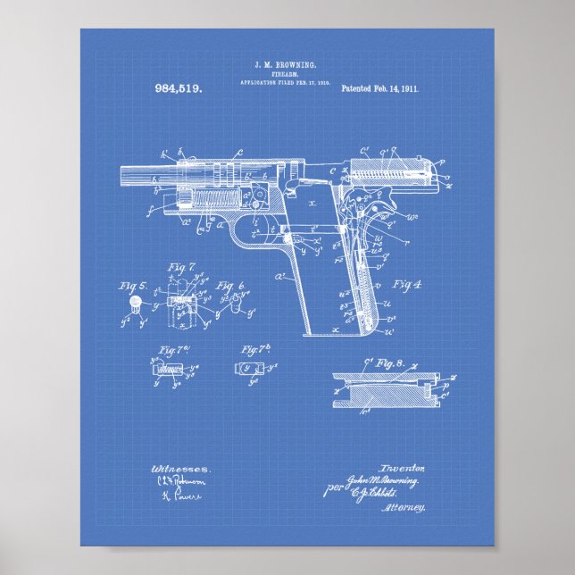 Firearm 1911 Patent Art Blueprint Poster (Front)