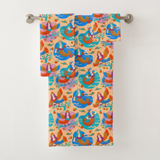 Firebirds and mermaids bath towel set (Insitu)