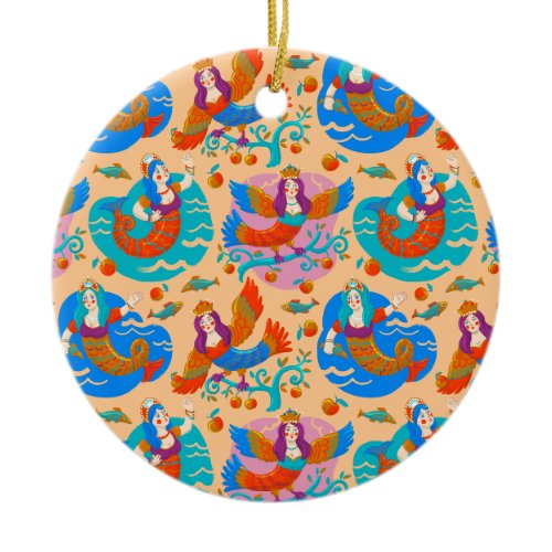Firebirds and mermaids ceramic ornament