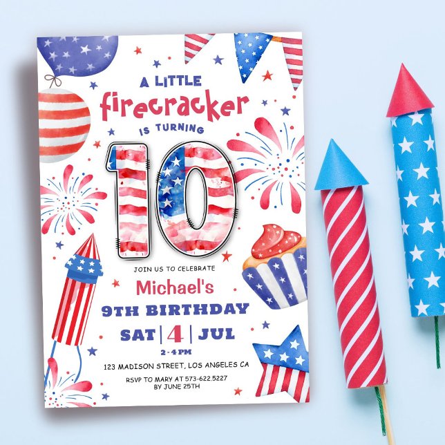 Firecracker 4th July 10th Birthday Patriotic Cute Invitation (Creator Uploaded)