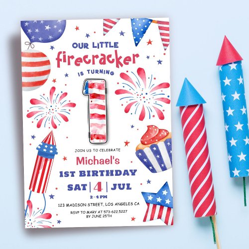 Firecracker 4th July 1st Birthday Patriotic Cute Invitation