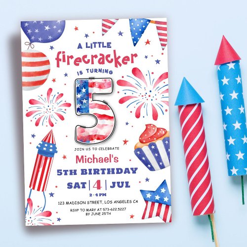 Firecracker 4th July 5th Birthday Patriotic Cute Invitation