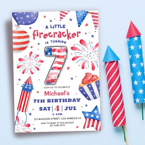 Firecracker 4th July 7th Birthday Patriotic Cute Invitation