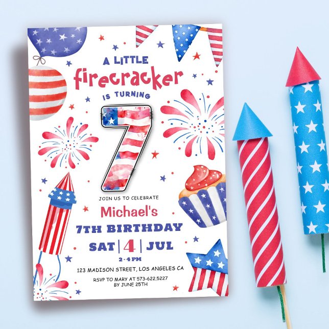 Firecracker 4th July 7th Birthday Patriotic Cute Invitation (Creator Uploaded)