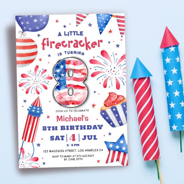 Firecracker 4th July 8th Birthday Patriotic Cute I Invitation (Creator Uploaded)