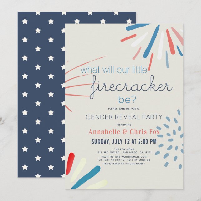 Firecracker 4th of July Fireworks Gender Reveal Invitation (Front/Back)