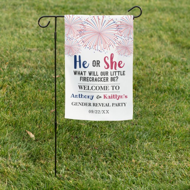 Firecracker 4th Of July Gender Reveal Party Garden Flag (In SItu)