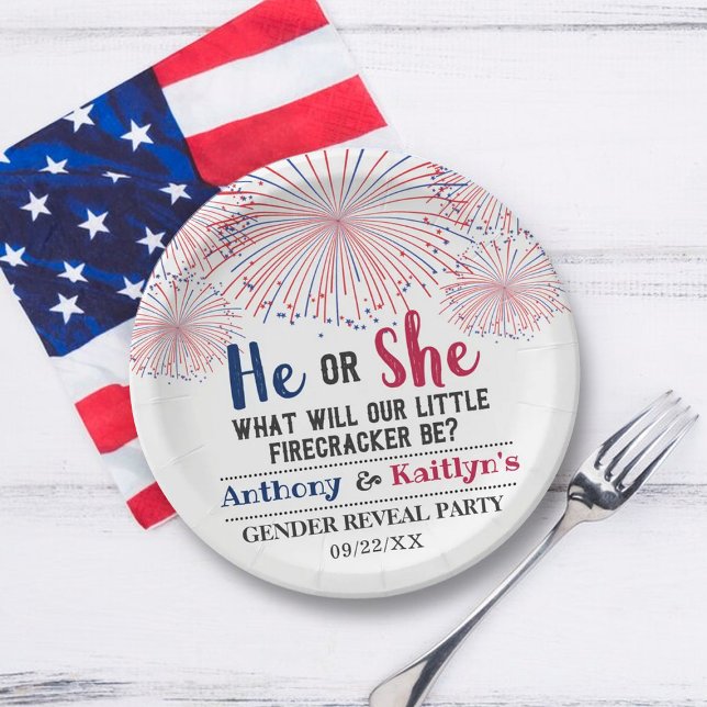 Firecracker 4th Of July Gender Reveal Party Paper Plates (Creator Uploaded)
