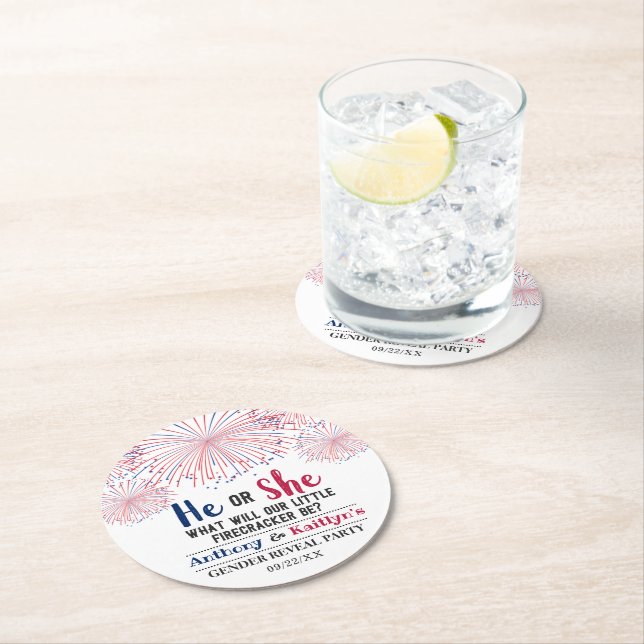Firecracker 4th Of July Gender Reveal Party Round Paper Coaster (Insitu)