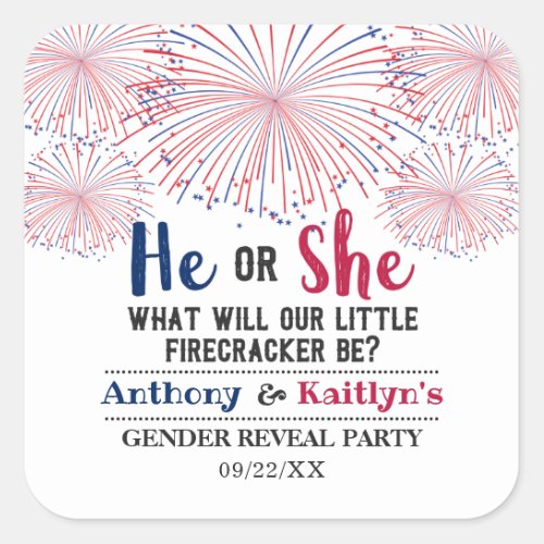 Firecracker 4th Of July Gender Reveal Party Square Sticker