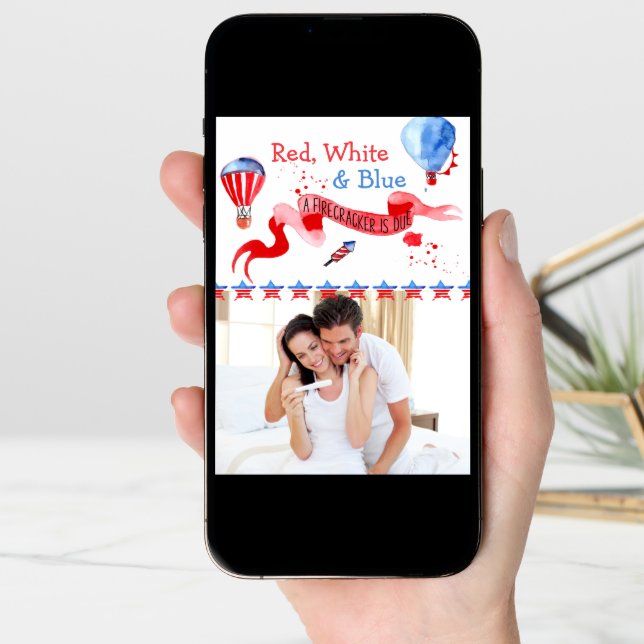 Firecracker is Due Red White Blue Photo Pregnancy Announcement (Front Digital)