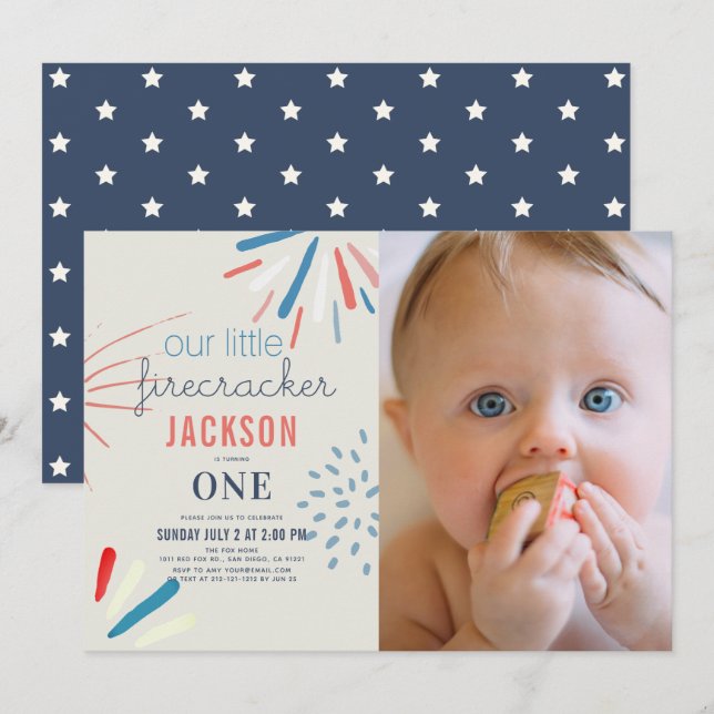 Firecracker July 4th Fireworks Photo 1st Birthday Invitation (Front/Back)