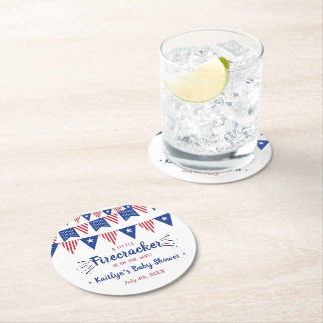 Firecracker On The Way! 4th Of July Baby Round Paper Coaster (Insitu)