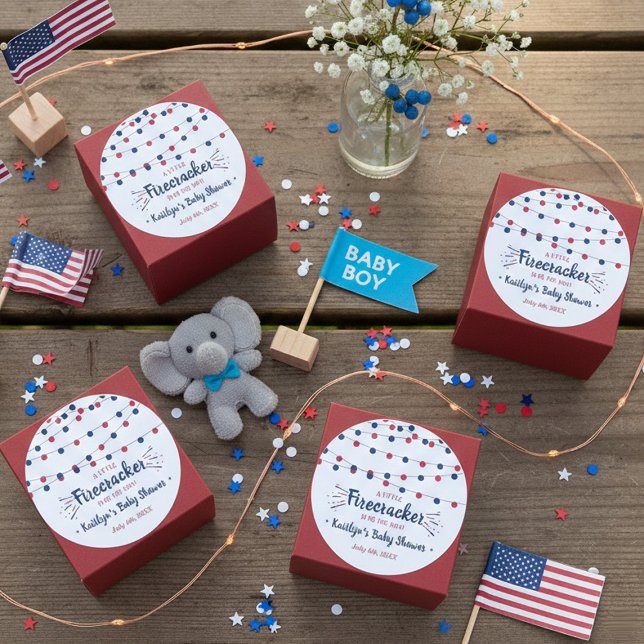 Firecracker On The Way! 4th Of July Baby Shower Classic Round Sticker (Creator Uploaded)