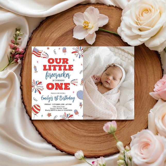 Firecracker Patriotic Photo 1st Birthday Invitation (Creator Uploaded)