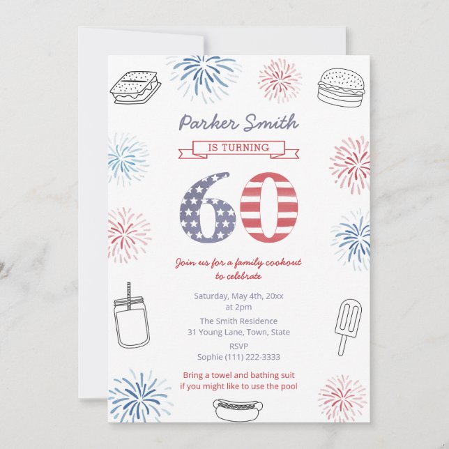Firecracker Red White And Blue 60th Birthday Party Invitation (Front)
