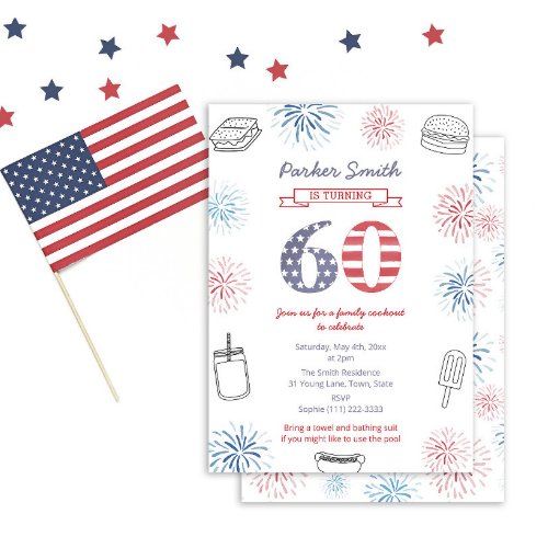 Firecracker Red White And Blue 60th Birthday Party Invitation