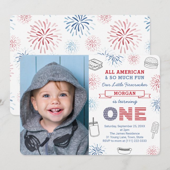 Firecracker Red White Blue 1st Birthday Party Invitation (Front/Back)