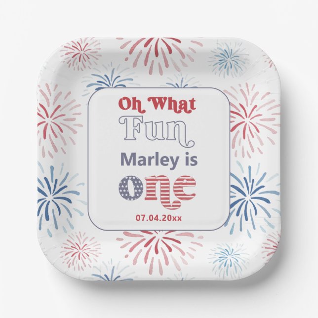 Firecracker Red White Blue 1st Birthday Party Paper Plates (Front)