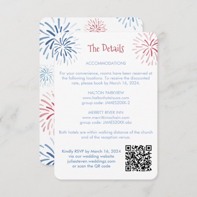 Firecracker Red White Blue QR Code Wedding Details Enclosure Card (Front/Back)