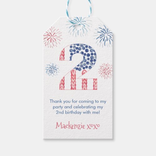 Firecracker Red White Two 2nd Birthday Party Gift Tags