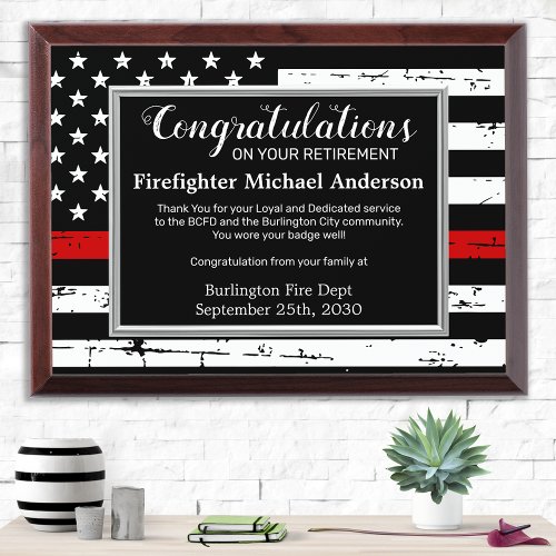 Firefight Retirement Custom Fire Thin Red Line Award Plaque