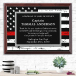 Firefight Retirement Custom Thin Red Line Service Award Plaque<br><div class="desc">Celebrate and show your appreciation to an outstanding Firefighter with this Thin Red Line Award - American flag design in Firefighter Flag colors , distressed design. Personalize this firefighter retirement award with firefighter name, text with fire department name and community, and date of retirement. Perfect of firemen retirement awards, firefighter...</div>