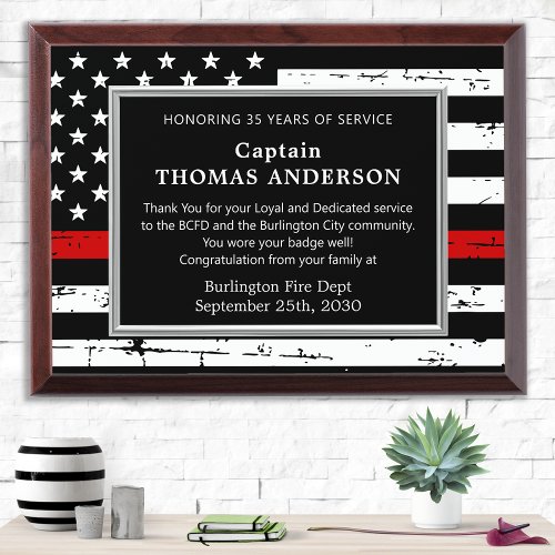 Firefight Retirement Custom Thin Red Line Service Award Plaque