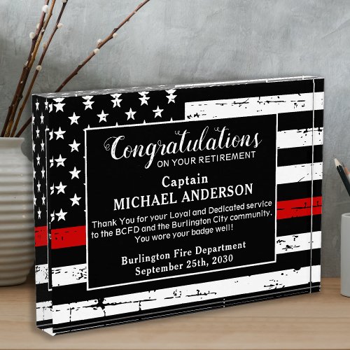 Firefight Retirement Personalized Thin Red Line  Acrylic Award