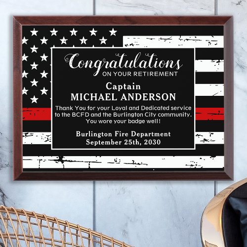 Firefight Retirement Personalized Thin Red Line  Award Plaque