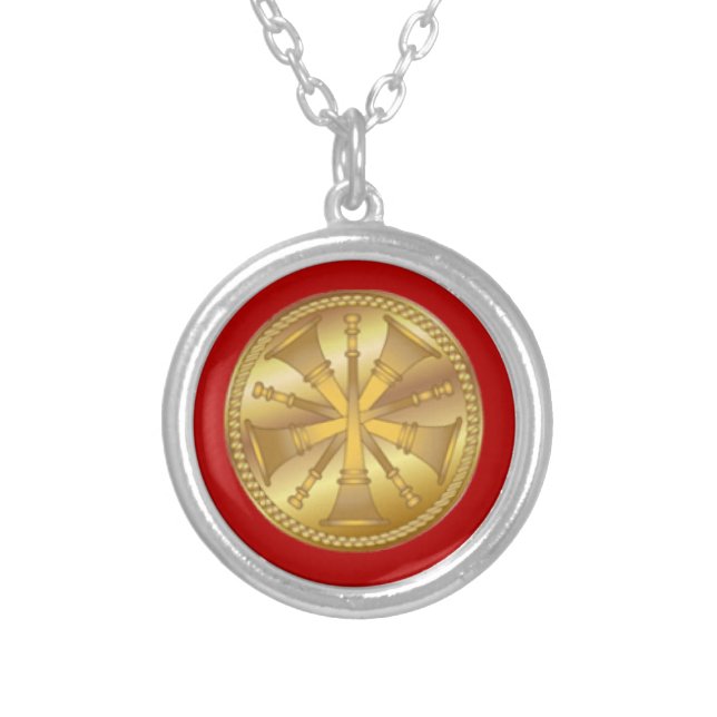 Firefighter 5 Bugle Gold Medallion Silver Plated Necklace (Front)