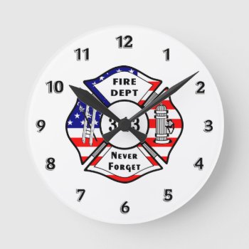 Firefighter 9/11 Round Clock by bonfirefirefighters at Zazzle