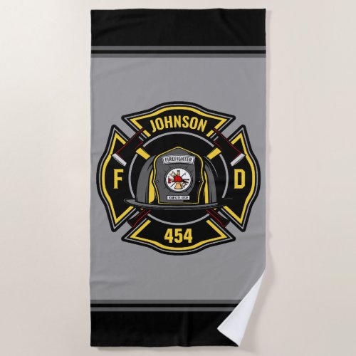 Firefighter ADD NAME Fire Department Rescue Team  Beach Towel