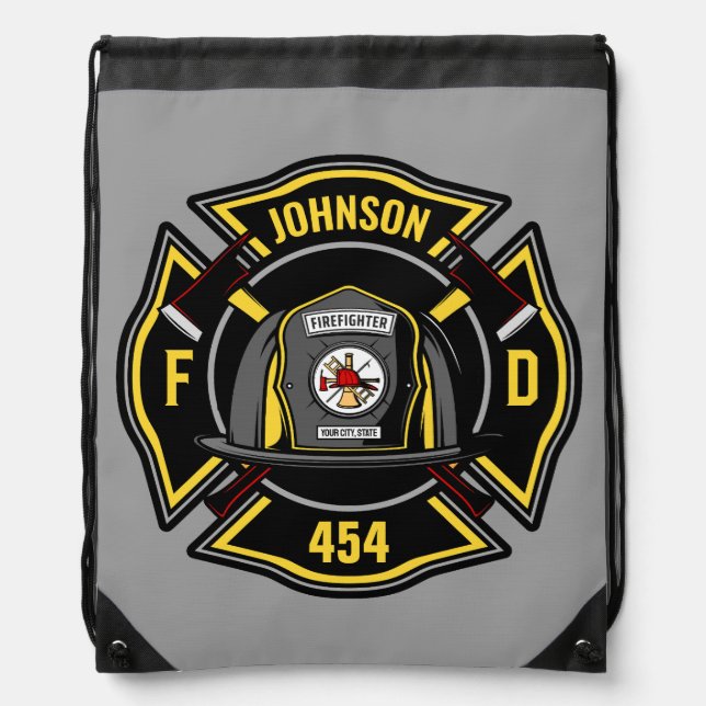 Firefighter ADD NAME Fire Department Rescue Team  Drawstring Bag (Front)