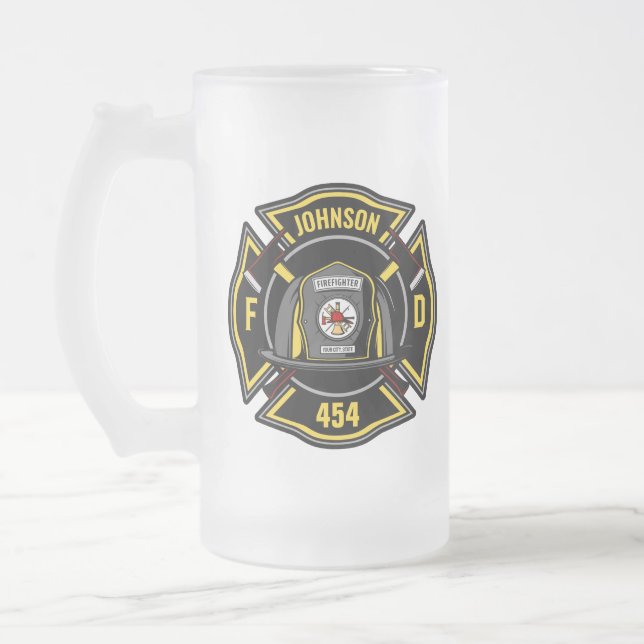 Firefighter ADD NAME Fire Department Rescue Team Frosted Glass Beer Mug (Left)