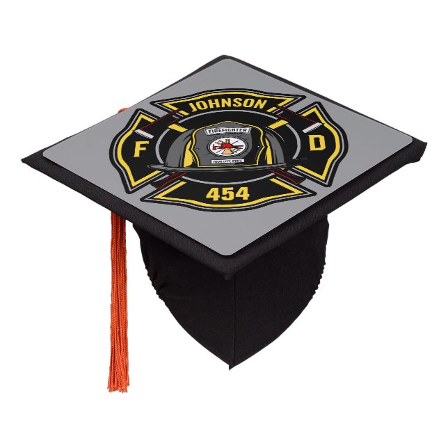 Firefighter ADD NAME Fire Department Rescue Team Graduation Cap Topper (Angled)