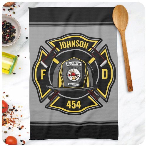Firefighter ADD NAME Fire Department Rescue Team Kitchen Towel