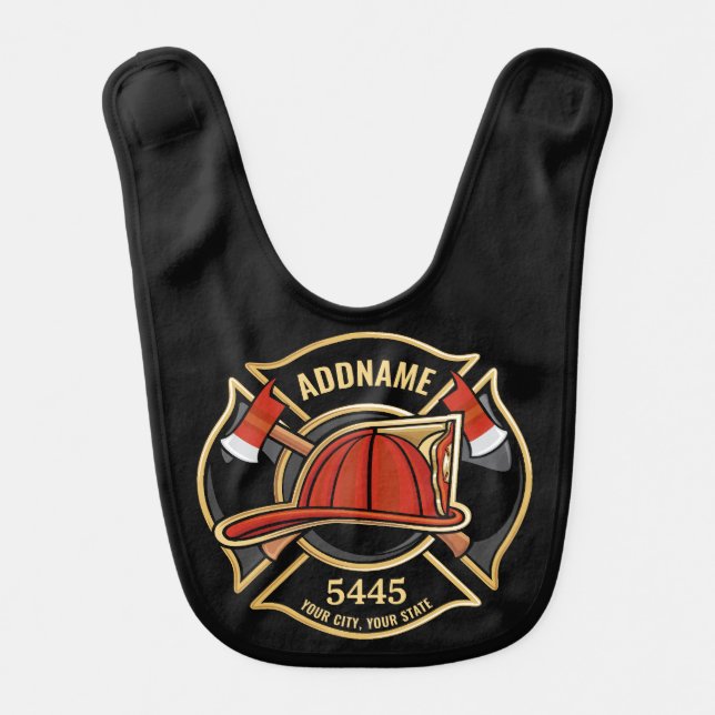 Firefighter ADD NAME Fire Station Department Badge Baby Bib (Front)