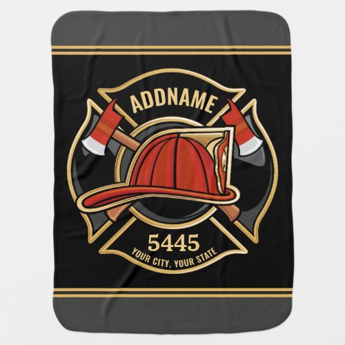 Firefighter ADD NAME Fire Station Department Badge Baby Blanket