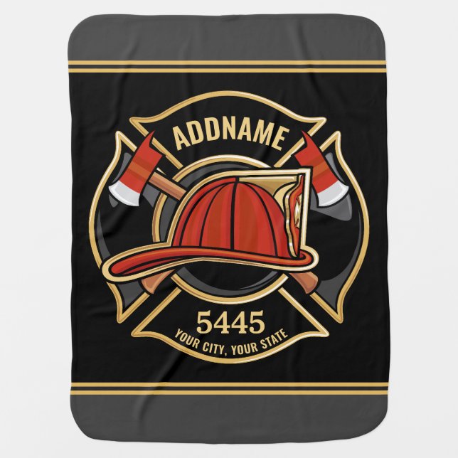 Firefighter ADD NAME Fire Station Department Badge Baby Blanket (Front)